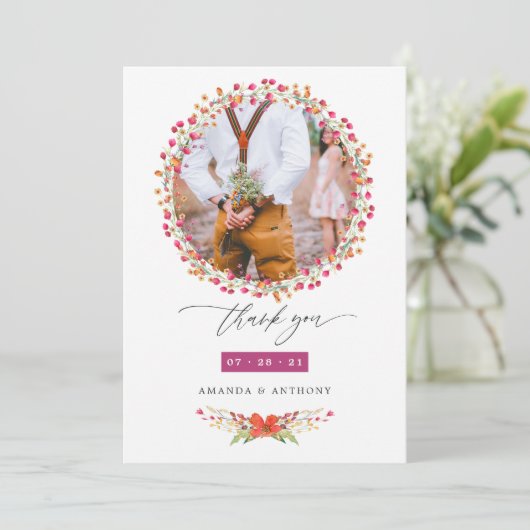 Aquarelle Wildblume Wedding Foto Dankeskarte (Stehend Vorderseite)