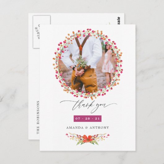 Aquarelle Wildblume Wedding Foto Vielen Dank Postkarte (Vorne/Hinten)