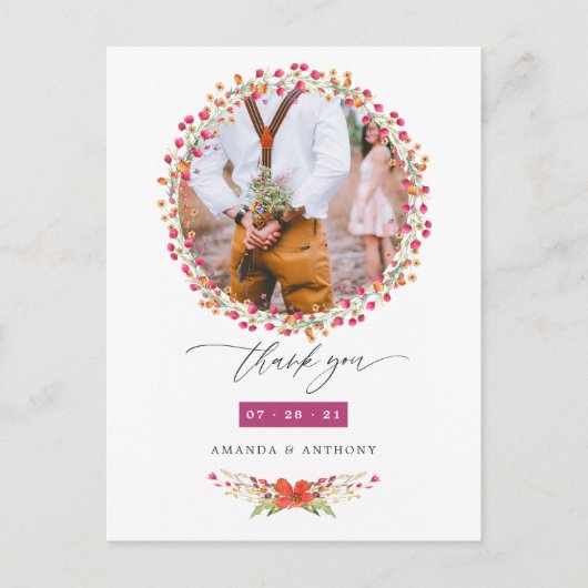 Aquarelle Wildblume Wedding Foto Vielen Dank Postkarte (Vorderseite)