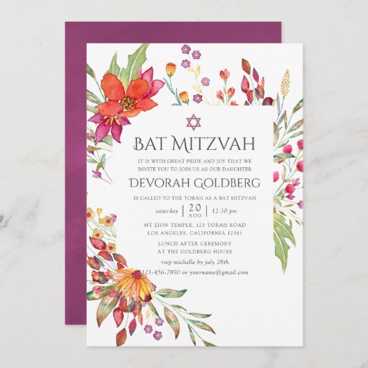 Aquarelle Wilde Blume Bat Mitzvah Einladung (Vorne/Hinten)