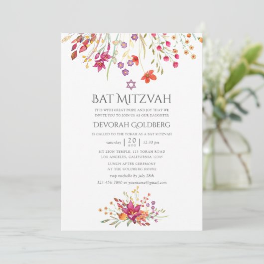 Aquarelle Wilde Blume Bat Mitzvah Einladung (Stehend Vorderseite)