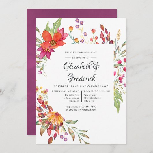 Aquarelle Wilde Blume Probe Abendessen Einladung (Vorne/Hinten)