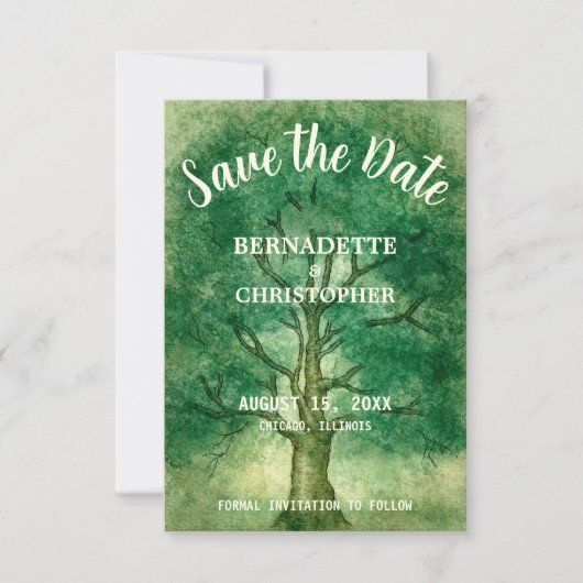 Aquarelleiche Retro Rustikale Waldhochzeit Save The Date (Vorderseite)