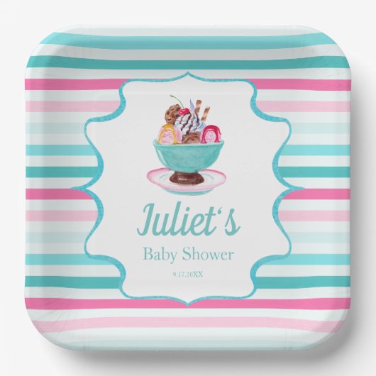 Aquarelleis Creme Sundae Kinderdusche Pappteller (Vorderseite)