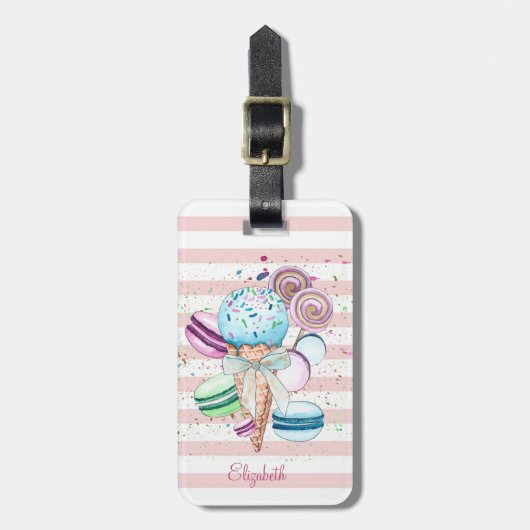 Aquarelleis, Macaroons, rosa Streifen Gepäckanhänger (Vorderseite vertikal)