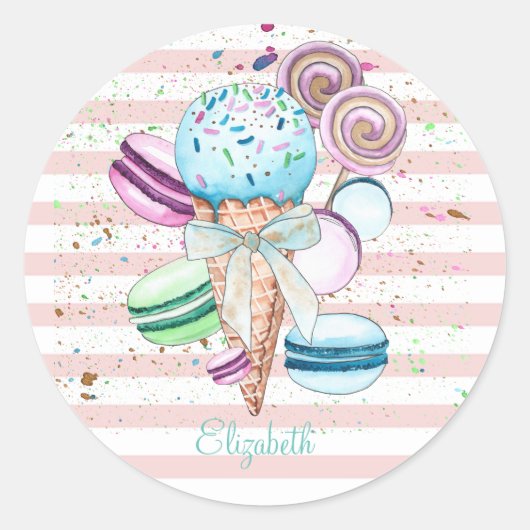 Aquarelleis, Macaroons, rosa Streifen Runder Aufkleber (Vorderseite)