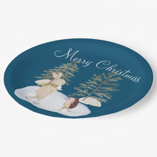 Aquarelleis-Skaten-Waldtiere auf blauem Grund Pappteller (Schrägansicht)