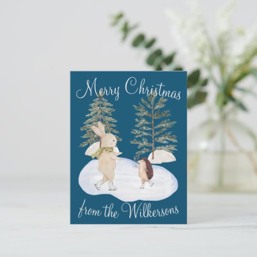 Aquarelleis-Skaten-Waldtiere auf blauem Grund Postkarte (Stehend Vorderseite)