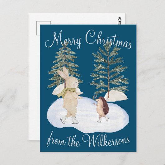 Aquarelleis-Skaten-Waldtiere auf blauem Grund Postkarte (Vorne/Hinten)