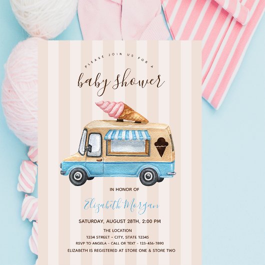 Aquarelleis Truck Stripte Babydusche Einladung
