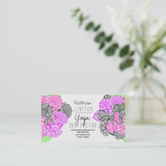 AquarellelefantblumenMandala-Yogalehrer Visitenkarte (Stehend Vorderseite)