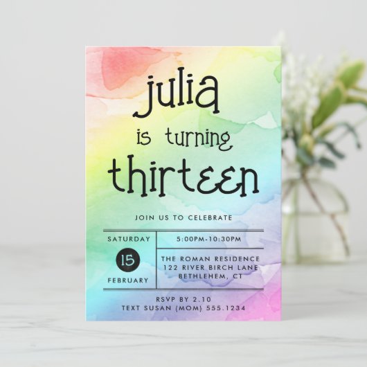 Aquarellenbogen jedes Alter Geburtstag Einladung (Stehend Vorderseite)