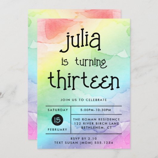 Aquarellenbogen jedes Alter Geburtstag Einladung (Vorne/Hinten)