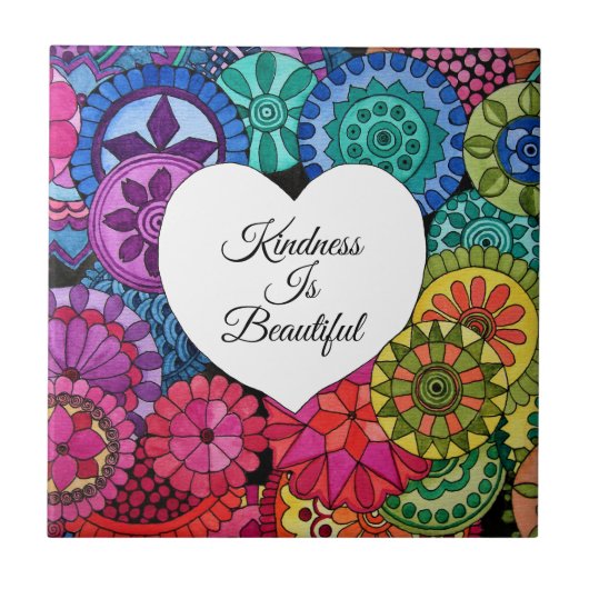 Aquarellenbogen Mandala mit Herz Fliese (Vorderseite)