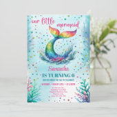 Aquarellenbogen-Meerjungfrau Schwanz 6. Geburtstag Einladung (Stehend Vorderseite)