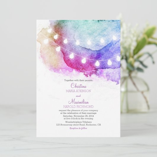 Aquarellende Lichter romantische Hochzeit Einladung (Stehend Vorderseite)