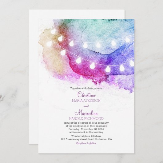 Aquarellende Lichter romantische Hochzeit Einladung (Vorne/Hinten)