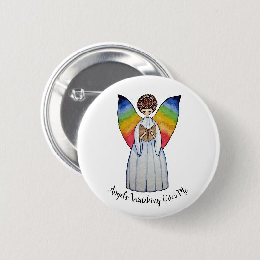 Aquarellengel mit Regenbogen-Flügeln Lesen eines B Button (Vorne & Hinten)