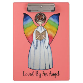 Aquarellengel mit Regenbogen-Flügeln Lesen eines B Klemmbrett