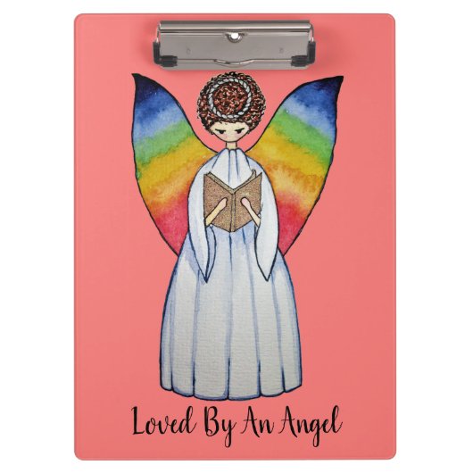 Aquarellengel mit Regenbogen-Flügeln Lesen eines B Klemmbrett (Vorderseite)