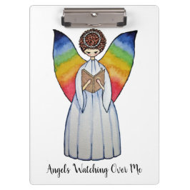 Aquarellengel mit Regenbogen-Flügeln Lesen eines B Klemmbrett