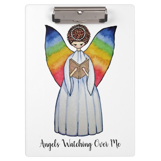 Aquarellengel mit Regenbogen-Flügeln Lesen eines B Klemmbrett (Vorderseite)