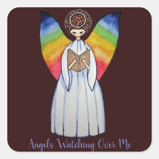 Aquarellengel mit Regenbogen-Flügeln Lesen eines B Quadratischer Aufkleber (Vorderseite)