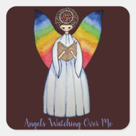 Aquarellengel mit Regenbogen-Flügeln Lesen eines B Quadratischer Aufkleber