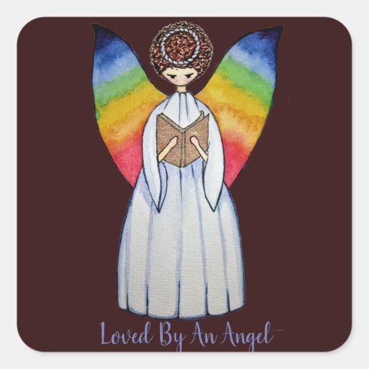 Aquarellengel mit Regenbogen-Flügeln Lesen eines B Quadratischer Aufkleber (Vorderseite)