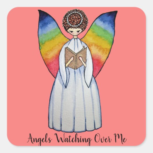 Aquarellengel mit Regenbogen-Flügeln Lesen eines B Quadratischer Aufkleber (Vorderseite)