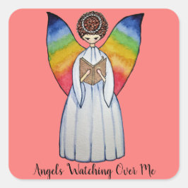 Aquarellengel mit Regenbogen-Flügeln Lesen eines B Quadratischer Aufkleber