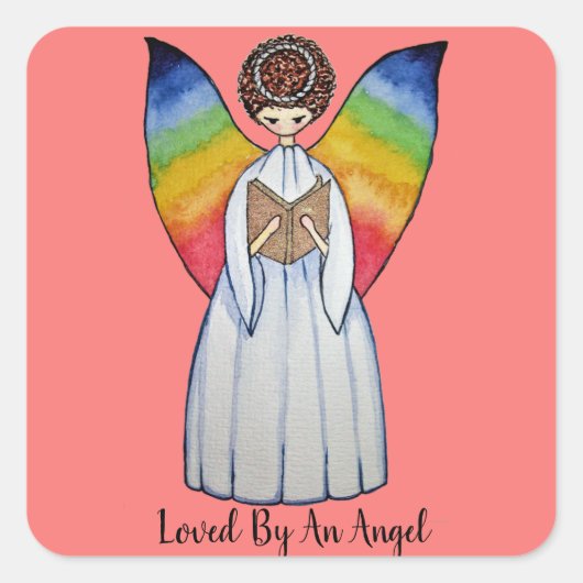 Aquarellengel mit Regenbogen-Flügeln Lesen eines B Quadratischer Aufkleber (Vorderseite)