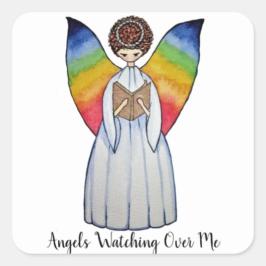 Aquarellengel mit Regenbogen-Flügeln Lesen eines B Quadratischer Aufkleber (Vorderseite)