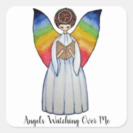 Aquarellengel mit Regenbogen-Flügeln Lesen eines B Quadratischer Aufkleber