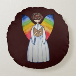 Aquarellengel mit Regenbogen-Flügeln Lesen eines B Rundes Kissen