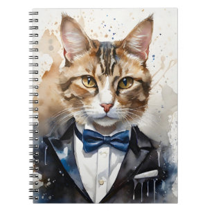 Aquarellenkatze in einer Tuxedo- und Blue Bow-Kraw Notizblock