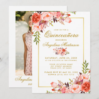 Aquarellenkoralle Quinceanera Gold Foto Einladung