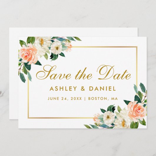 Aquarellenkoralle Save the Date Goldkarte (Vorne/Hinten)