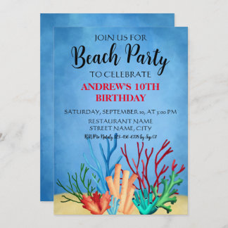 Aquarellenkorallen Blau Beach Party Einladung
