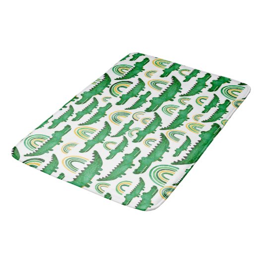 Aquarellenkrokodil Alligator Rainbow Kids Badematte (Schrägansicht)