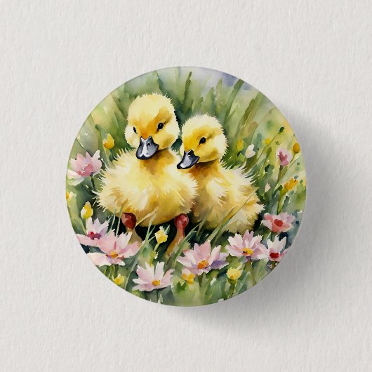 Aquarellente in Wildblume Wiese Button (Vorderseite)