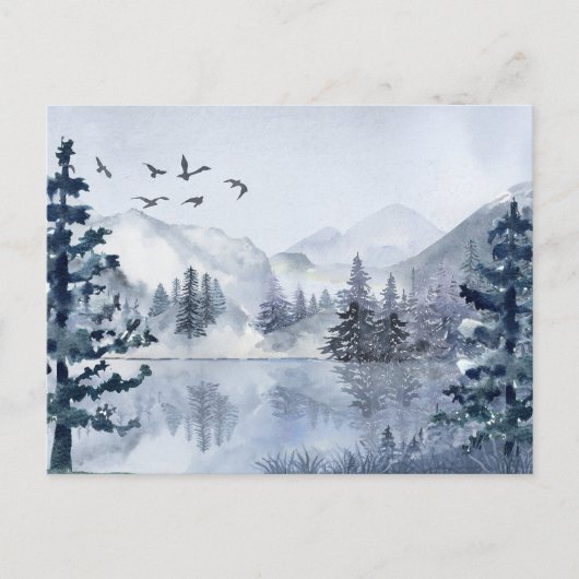 Aquareller Bergsee Winterlandschaft Feiertagspostkarte (Vorderseite)