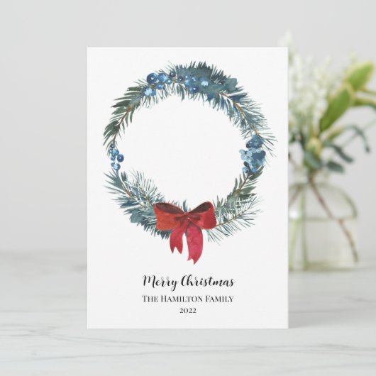 Aquareller Berries und Grüner Kranz Weihnachten Einladung (Stehend Vorderseite)