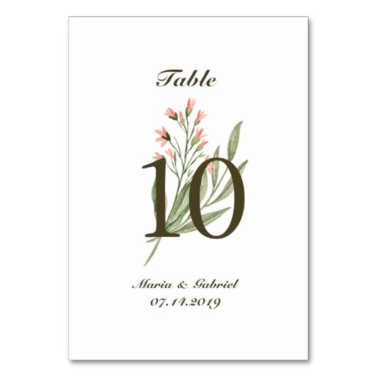 Aquareller Blumengrün. Elegante luftige Hochzeit Tischnummer (Vorderseite)