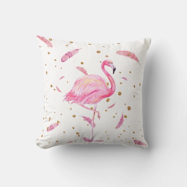 Aquareller Flamingo mit schwimmenden Federn Pillow Kissen (Vorderseite)