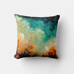 Aquareller Gelber Nebel, Sterne und Dunkle Farbe Kissen
