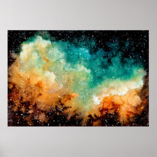 Aquareller Gelber Nebel, Sterne und Dunkle Farbe Poster