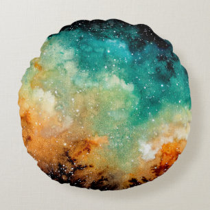 Aquareller Gelber Nebel, Sterne und Dunkle Farbe Rundes Kissen