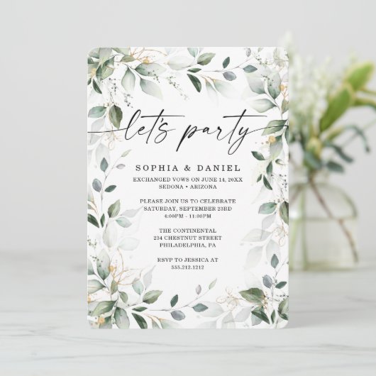 Aquareller Grüne Goldene Elopement Feier Einladung (Stehend Vorderseite)
