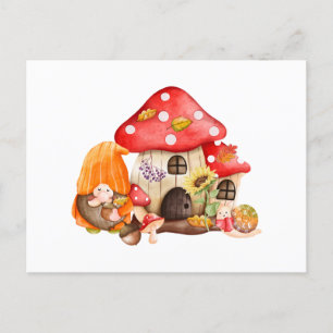 Aquareller Herbstgrundel und Mushroom House Postkarte